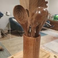 9 Piece Natural Teak Wooden Kitchen Utensil Set with Spoon Rest - Comfort Grip Cooking Spoons and Utensils Holder