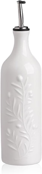Sweejar Large Olive Oil Dispenser Bottle with Spout, 24 Oz Ceramic Oil Dispenser for Kitchen, Relief Opaque Oil Cruet, Oil Container for Cooking, EVOO, Avocado Oil, Vinegar, Pack of 1 (White)