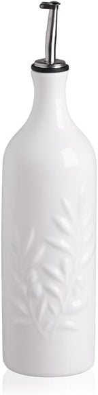 Sweejar Large Ceramic Olive Oil Dispenser Bottle, 24 Oz Relief Opaque Oil Cruet Protects Oil To Reduce Oxidation, Storage Oil, Vinegar, Soy Sauce, Coffee Syrup, Liquids, Set of 1 (White)