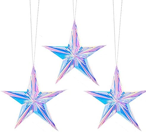 12 Inch Diameter Iridescent Ornament Star Hanging Decorations, Clear Foil Decorative Folding Decor, Rainbow Shine Party Ornaments for Bridal Shower Wedding Birthday Frozen Theme Party Decorations