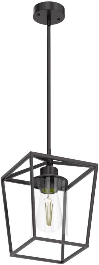 1-Light Black Pendant Light Fixture Farmhouse Iron Cage Metal Pendant Light Lantern Hanging Light Fixtures with Clear Glass Shade for Kitchen Island, Entryway, Dining Room, Hallway 5.9*5.9*8.27IN