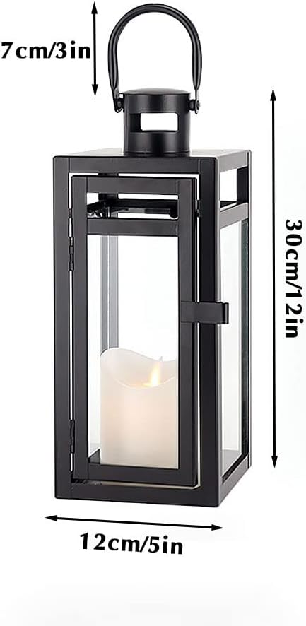 TRIROCKS Metal Candle Lantern 12'' High Decorative Outdoor Lantern Hanging Lantern with Tempered Glass for Christmas Home Decor Living Room Parties Events Tabletop Indoors Outdoors (Black Matte)
