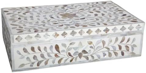 Decorative Storage Box Of Mother Of Pearl Inlay Floral Design Wooden Storage Box For Home Decoration For Living Dining & Bedroom (White_9x6x3.5 inch)