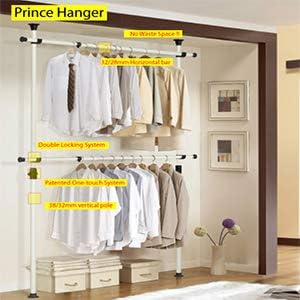 PRINCE HANGER Rack Heavy Duty One Touch System Load 352LBS Clothing Racks for Hanging Clothes Metal Closet Garment Closet system Tension Rod Free Standing Ivory Width Adjustable PHUS-0023
