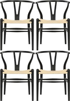 Wishbone Chair Natural Solid Wood Dining Chair/Hans Vegner Y Chair Rattan and Wood Accent Armrest Chairs (Ash Wood - Black + Natural Cord)