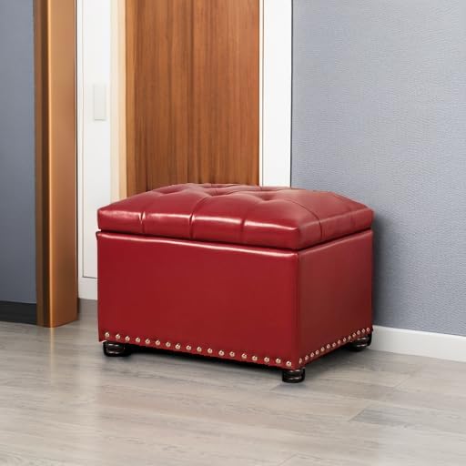 Joveco Leather Storage Ottoman, 24" Rectangle Square Bench Foot Rest Stool for Bedroom Living Room, Red