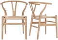 Wishbone Chair Natural Solid Wood Dining Chair/Hans Wegner Y Chair Rattan and Wood Accent Armrest Chairs Set of 2 (Ash Wood + Natural)
