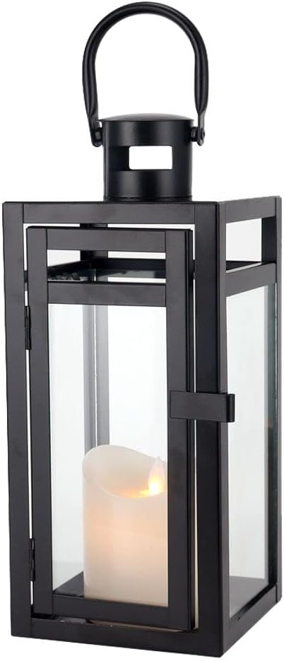 TRIROCKS Metal Candle Lantern 12'' High Decorative Outdoor Lantern Hanging Lantern with Tempered Glass for Christmas Home Decor Living Room Parties Events Tabletop Indoors Outdoors (Black Matte)
