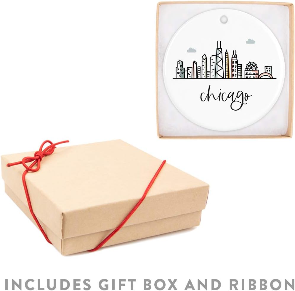 Andaz Press Round Ceramic Porcelain Christmas Tree Ornament Keepsake, Chicago Colorful City Skyline Graphic, 1-Pack, Birthday Gift Ideas Family Coworker Him Her, Includes Gift Box