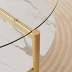 Round Coffee Table for Living Room, Mid-Century Modern Design, D30 x H17, 2-Tier Structure, Clear Glass Top and White Marble Finish Wood Shelf, Sleek Conical Metal Legs with Gold Finish Frame