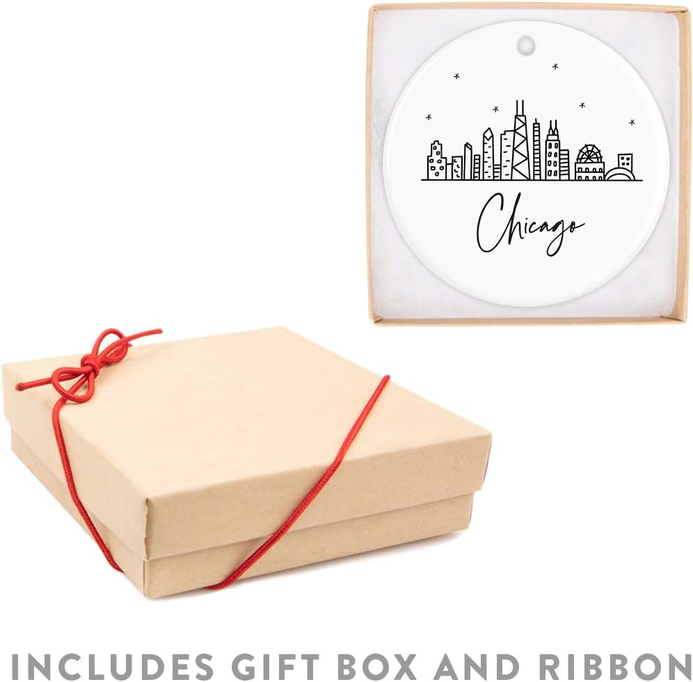 Andaz Press Round Ceramic Porcelain Christmas Tree Ornament Keepsake, Chicago Black and White Stars City Skyline Graphic, 1-Pack, Birthday Gift Idea for Family, Coworker, Him, Her, Includes Gift Box