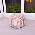 REDEARTH Round Pouf Ottoman - Hand Knitted Boho Poof Home Décor Pouffe Circular Footrest for Living Room - Bedroom - Lounge - 100% Cotton (19.5"x19.5"x14") - Pale Pink