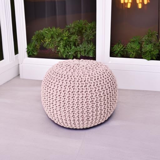 REDEARTH Round Pouf Ottoman - Hand Knitted Boho Poof Home Décor Pouffe Circular Footrest for Living Room - Bedroom - Lounge - 100% Cotton (19.5"x19.5"x14") - Pale Pink