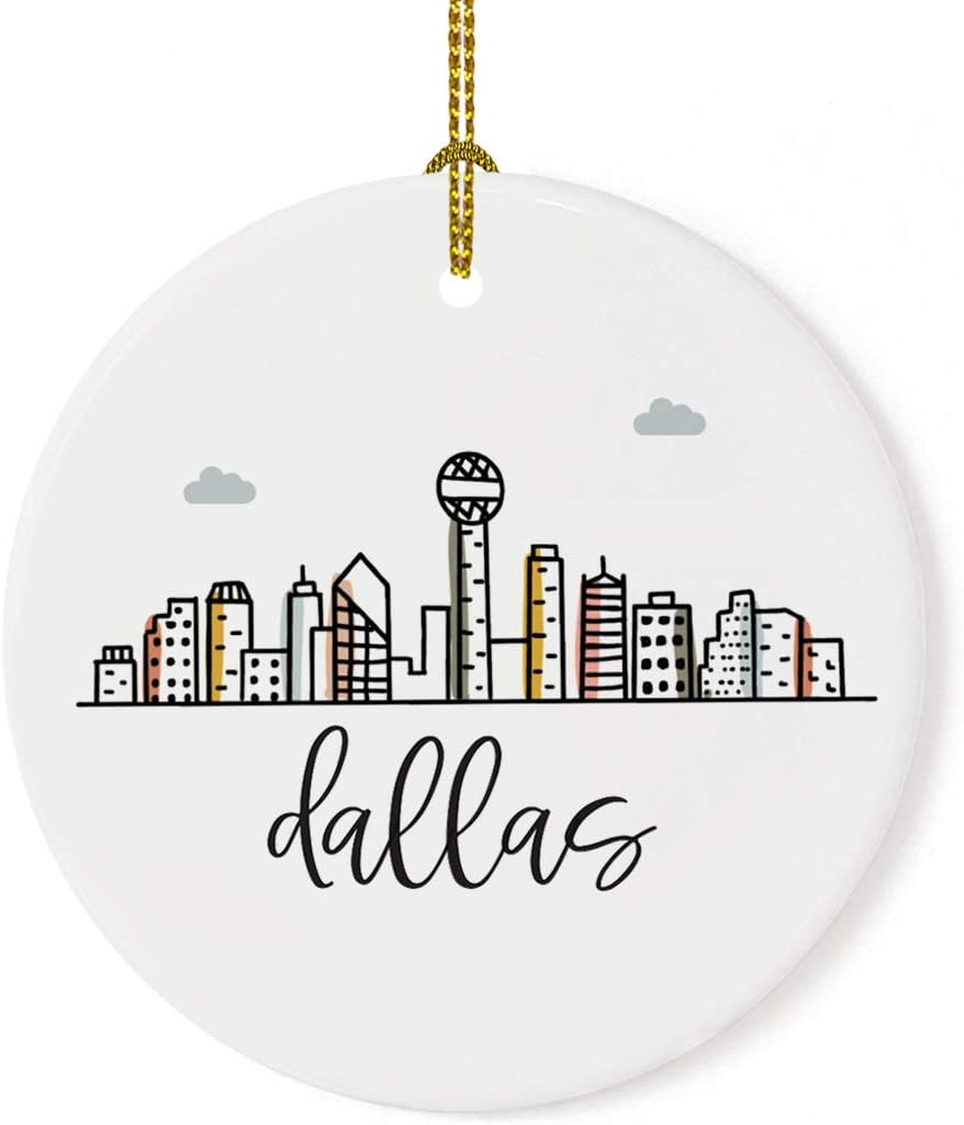 Andaz Press Round Ceramic Porcelain Christmas Tree Ornament Keepsake Gift, Colorful Dallas City Skyline, 1-Pack, Birthday Ideas Family Coworker Gift, Includes Box