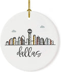 Andaz Press Round Ceramic Porcelain Christmas Tree Ornament Keepsake Gift, Colorful Dallas City Skyline, 1-Pack, Birthday Ideas Family Coworker Gift, Includes Box