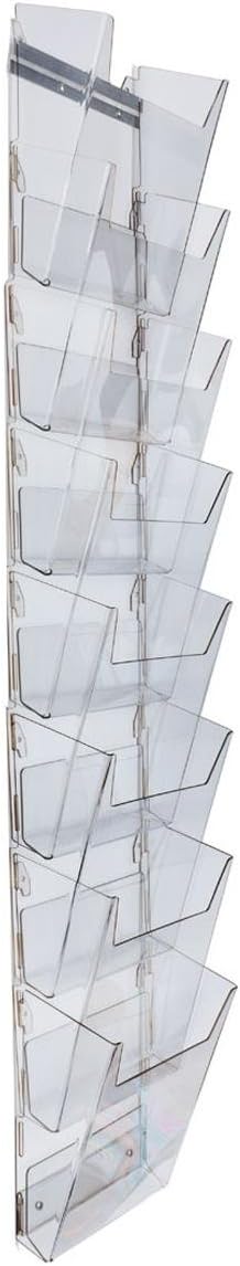 Displays2go Hanging Literature Rack with 8 Tiered Pockets for 8.5x11 Magazines, Wall Mounting Bracket Included - Clear Plastic