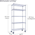 30"x14"x60" PRIME HEAVY DUTY Chrome 5-Tier Wire Shelving 1,750 LBS MAX Capacity Storage Rack for Commercial, School, Home, Garage, Warehouse, Industrial, and Hospital Uses (with Wheels)