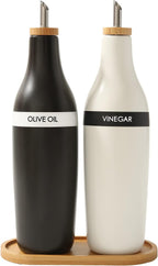 HOMCDALY Olive Oil and Vinegar Dispenser Set, Two 16oz Ceramic Oil Dispenser for Kitchen, Kitchen Dispenser Bottle for EVOO Vinegar Syrups, Modern Farmhouse Design| Set of 2 –Black &white