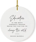 Andaz Press Round Ceramic Porcelain Christmas Tree Ornament for Teacher Thank You Graduation Gift, Education is The Most Powerful Weapon Which You can use to Change The World, Nelson Mandela, 1-Pack