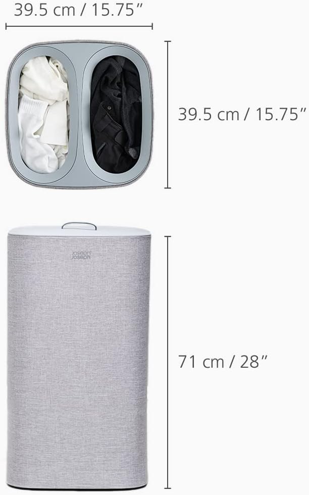 Joseph Joseph Tota 60 liter/15.8 gallon Laundry Hamper Separation Basket with lid, 2 Removable Washing Bags with Handles- Grey