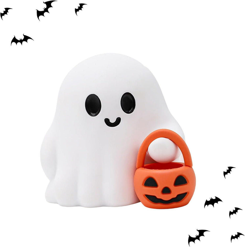 Halloween Ghost Figurine Cartoon Cute Spooky Carrying Pumpkin Basket Desk Display Ornament Tiny Trick or Treat Ghost Resin Halloween Statue for Home and Office Tabletop Decor Supplies