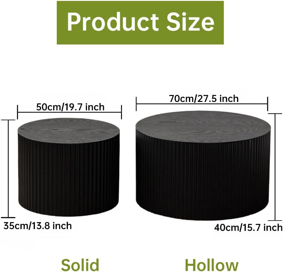 Round Nesting Coffee Table Modern Black Fluted Coffee Table Set of 2 Stripe Round Coffee Tables Circle Drum Coffee Tables Side Table Accent End Table for Living Room (Black Large)