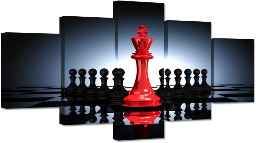 iHAPPYWALL Large 5 Pieces Modern Black And Red King And Knight Chess Pictures Print Canvas Wall Art for Home Chess Game RoomLiving Room Decor Ready To Hang