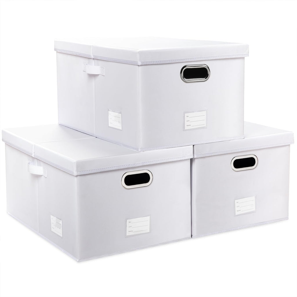 PRANDOM Collapsible Storage Box with Lid [3-Pack] Leather Fabric Foldable Storage Bin Organizer Container Basket Cube with Cover for Home Bedroom Closet Office Nursery White(22.8X15.7X11.8)