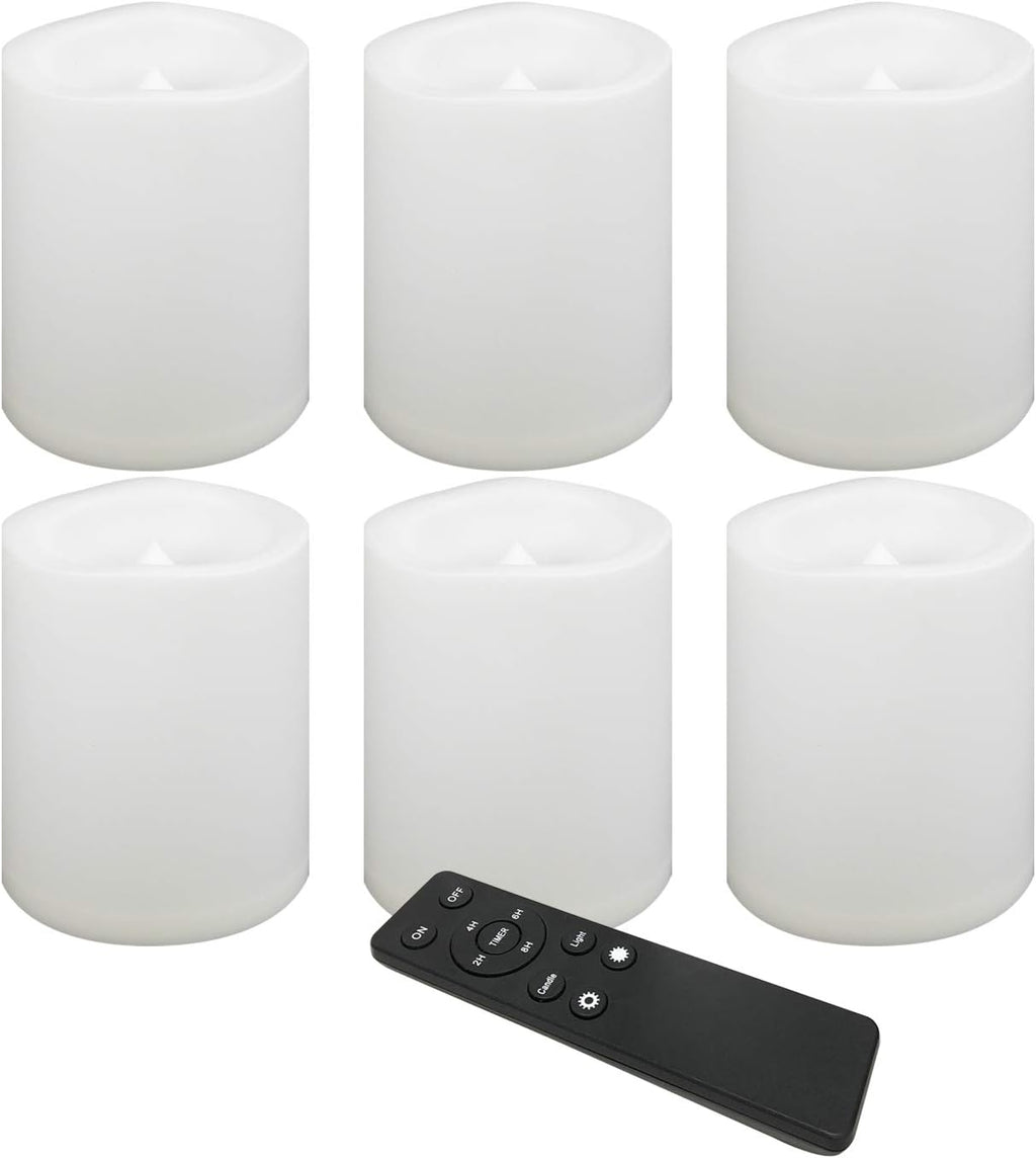 CANDLE CHOICE Waterproof Outdoor Battery Operated Flameless Candles Remote Timer White Plastic Realistic Flickering Fake Electric LED Pillars Lantern Garden Wedding Christmas Decorations 3”x4” 6 Pack