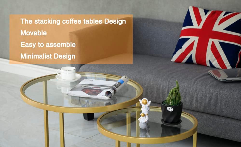 Round Nesting Coffee Table Gold Set of 2 for Living Room, Modern Side Tables with Sturdy Metal Frame and Tempered Glass.Minimalist End Table,Cocktail Table for Dining Room,Home Decor