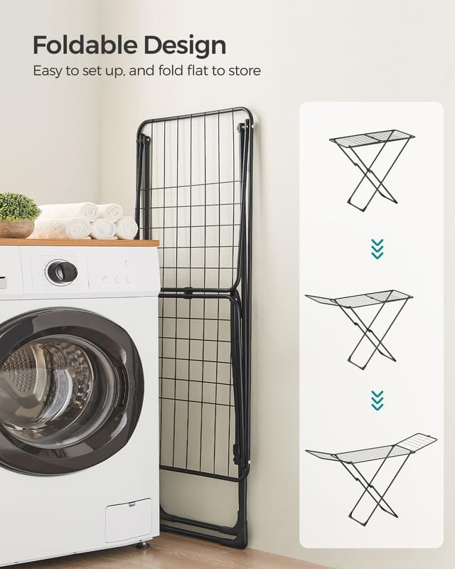 SONGMICS Clothes Drying Rack, Metal Laundry Drying Rack, Foldable, Space-Saving, Free-Standing Airer, with 2 Gullwings, Indoor Outdoor Use, Bed Linen Clothing, Black ULLR540B01