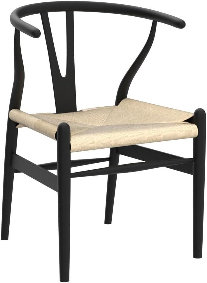 Wishbone Chair Natural Solid Wood Dining Chair/Hans Vegner Y Chair Rattan and Wood Accent Armrest Chairs Set of 2 (Ash Wood - Black + Natural Cord 2 Chairs)