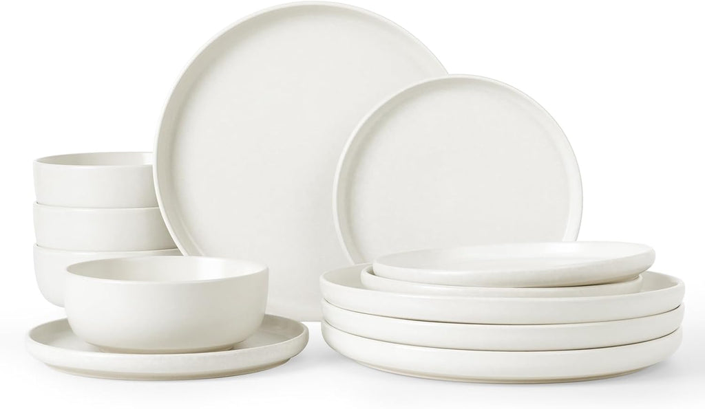 Famiware Milkyway Plates and Bowls Sets, 12 Pieces Dinnerware Sets, Reactive Glaze Dish Set, Stoneware Dishes Set for 4, Matte White