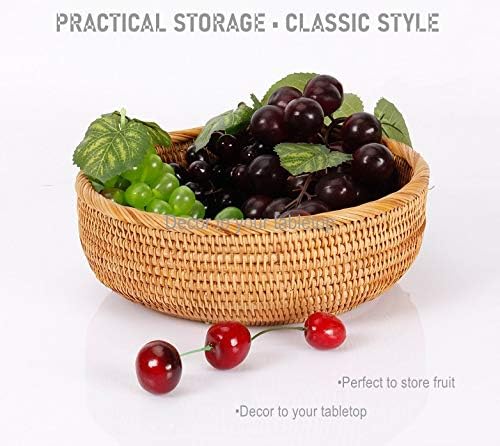 Hadewoven Round Rattan Fruit Basket Wicker Food Tray Weaving Storage Holder Dinning Room Bowl, 9 Inch Woven Bread Basket Key Bowls with 3.5”Wall for Table, Countertop (Medium 8.66")