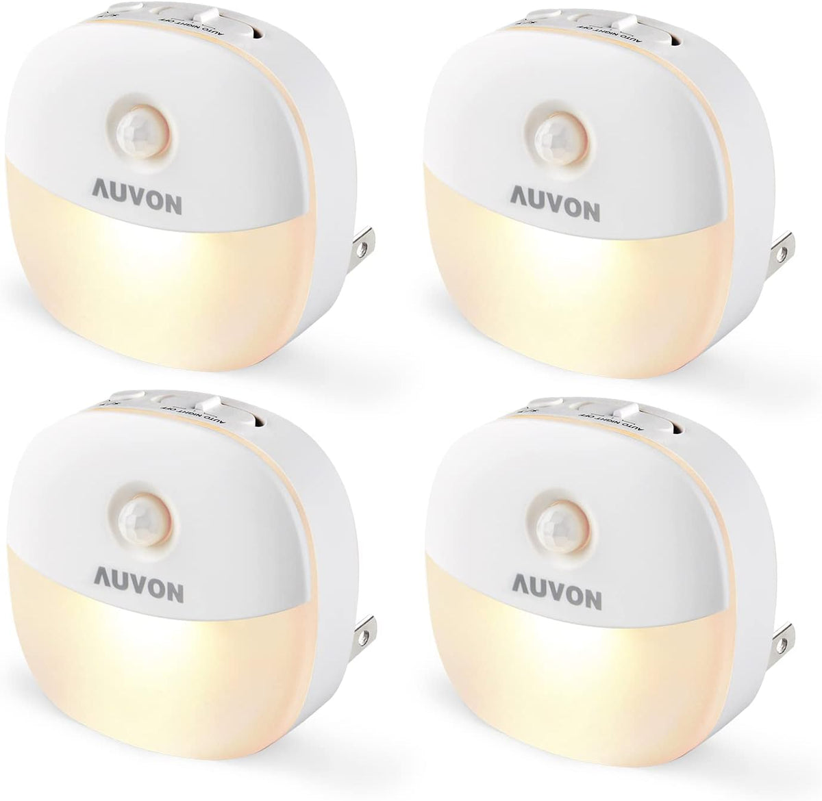 AUVON Plug in Night Light with Motion Sensor and Dusk to Dawn Sensor, Mini Warm White LED Nightlight with 1-50 lm Adjustable Brightness for Bathroom, Hallway, Stairs, Bedroom, Kitchen, 4 Packs