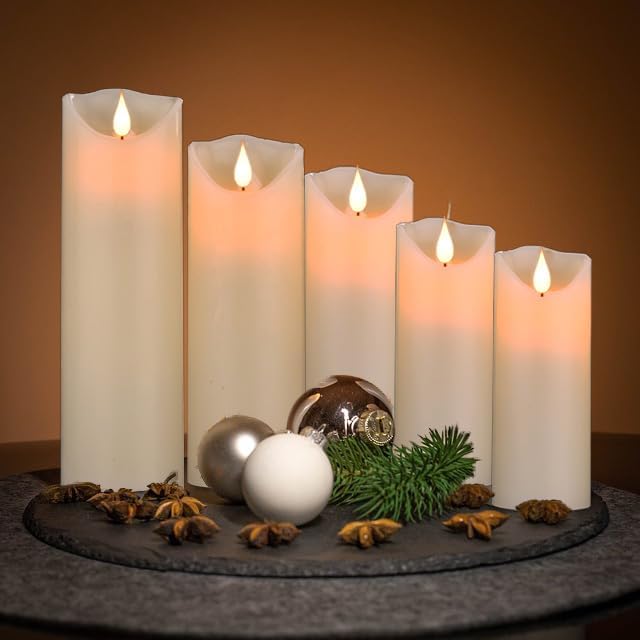 Flameless Battery Operated LED Candles 3D Wick with10key Button Remote Control 24-Hour Timer Set of 5 Electric Flickering Pillar Real Wax，Wedding, Party, Home Decoration