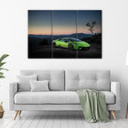 Green Sports Car On Mountain Top and Skyline Wall Art Painting The Picture Print On Canvas Racing Car Pictures for Home Decor Decoration Gift - 28 x 14inch x 3 Panel