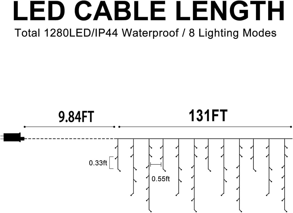 Heceltt Christmas Lights Outdoor, 1280 LED 131FT Ice Lights for Outside, 8 Modes Plug in 240 Drops Ice String Light with Timer Memory Function Hanging Light for Christmas Decor(Multicolor)