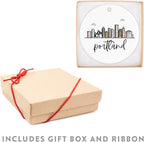 Andaz Press Round Ceramic Porcelain Christmas Tree Ornament Keepsake, Portland Colorful City Skyline Graphic, 1-Pack, Birthday Gift Ideas for Family Coworker, Includes Gift Box