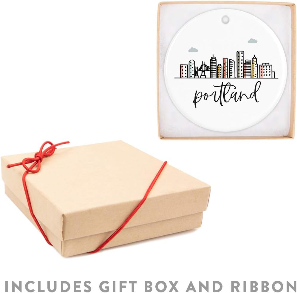 Andaz Press Round Ceramic Porcelain Christmas Tree Ornament Keepsake, Portland Colorful City Skyline Graphic, 1-Pack, Birthday Gift Ideas for Family Coworker, Includes Gift Box