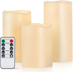 Amagic Outdoor Waterproof Flameless Candles with Timer, Battery Operated Candles with Remote Control, D3 x H4 5" 6" Electric LED Pillar Candle for Outside Patio, Garden, Indoor Decor, Ivory, Set of 3