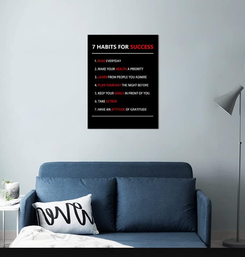 WYJZDZQ8 Motivational Poster 7 Habits For Success Inspirational Canvas Wall Art Painting Prints Artwork Pictures Inspiring Office Decor Living Room Gym Decoration Framed Ready to Hang [18''W X 24''H]