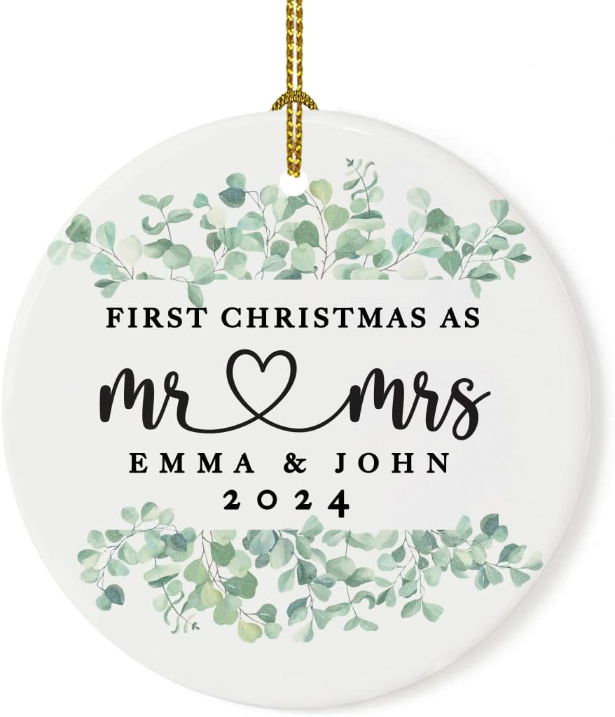 Andaz Press Personalized Our First Christmas As Mr. & Mrs. 2024 Christmas Ornaments Greenery Eucalyptus 2.8" Round Porcelain Ceramic 1st Year Married Custom Ornament Keepsake for Newlyweds 1-Pack