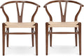 Wishbone Chair Natural Solid Wood Dining Chair/Hans Vegner Y Chair Rattan and Wood Accent Armrest Chairs (Ash Wood - Walnut 2 Chairs)
