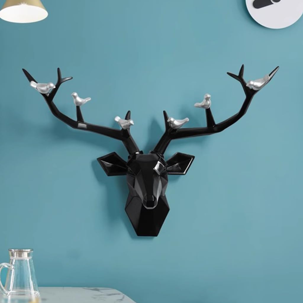Deer Head Wall Decor Geometric Rustic Wall Mounted Deer Head, Faux Taxidermy Animal Head Wall Art Pendant, Handmade Resin Head Sculptures for Porch, Detachable Antlers, 6 Styles(Black,21.8x15.7IN)