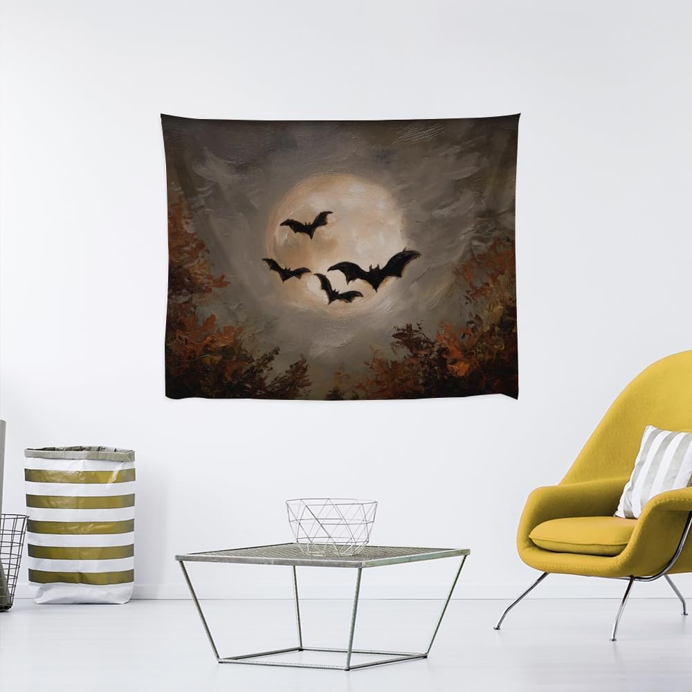Spooky Halloween Bats Dark Academia Full Moon Autumn Leaves Wall Hanging Vintage Haunted Home Artwork Gothic Witchy Ghost Tapestries for bedroom Living Room Decor 40x60inch
