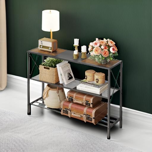 Hoctieon Industrial Console Table, 3 Tier Entryway Table, Hallway Table, Narrow Sofa Table with Shelves, Entrance Table for Entryway, Rustic Brown&Black