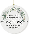 Andaz Press Personalized Our First Christmas As Mrs. & Mrs. Christmas Ornaments 2025 Foliage Wreath 2.8" Round Porcelain Ceramic Lesbian Christmas Ornament Married Couple Gay Women Newlyweds 1-Pack