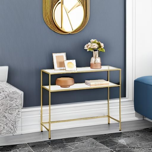 VASAGLE 39.4 Inch Console Sofa Table, Modern Entryway Table, Tempered Glass Table, Metal Frame, 2 Shelves, Adjustable Feet, for Living Room, Hallway, Gold Color ULGT025A01