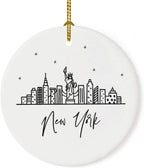Andaz Press Round Ceramic Porcelain Christmas Tree Ornament, New York, Black And White Stars City Skyline 1-Pack Birthday Ideas Family Coworker, NYC Christmas Ornament New York City Christmas Ornament